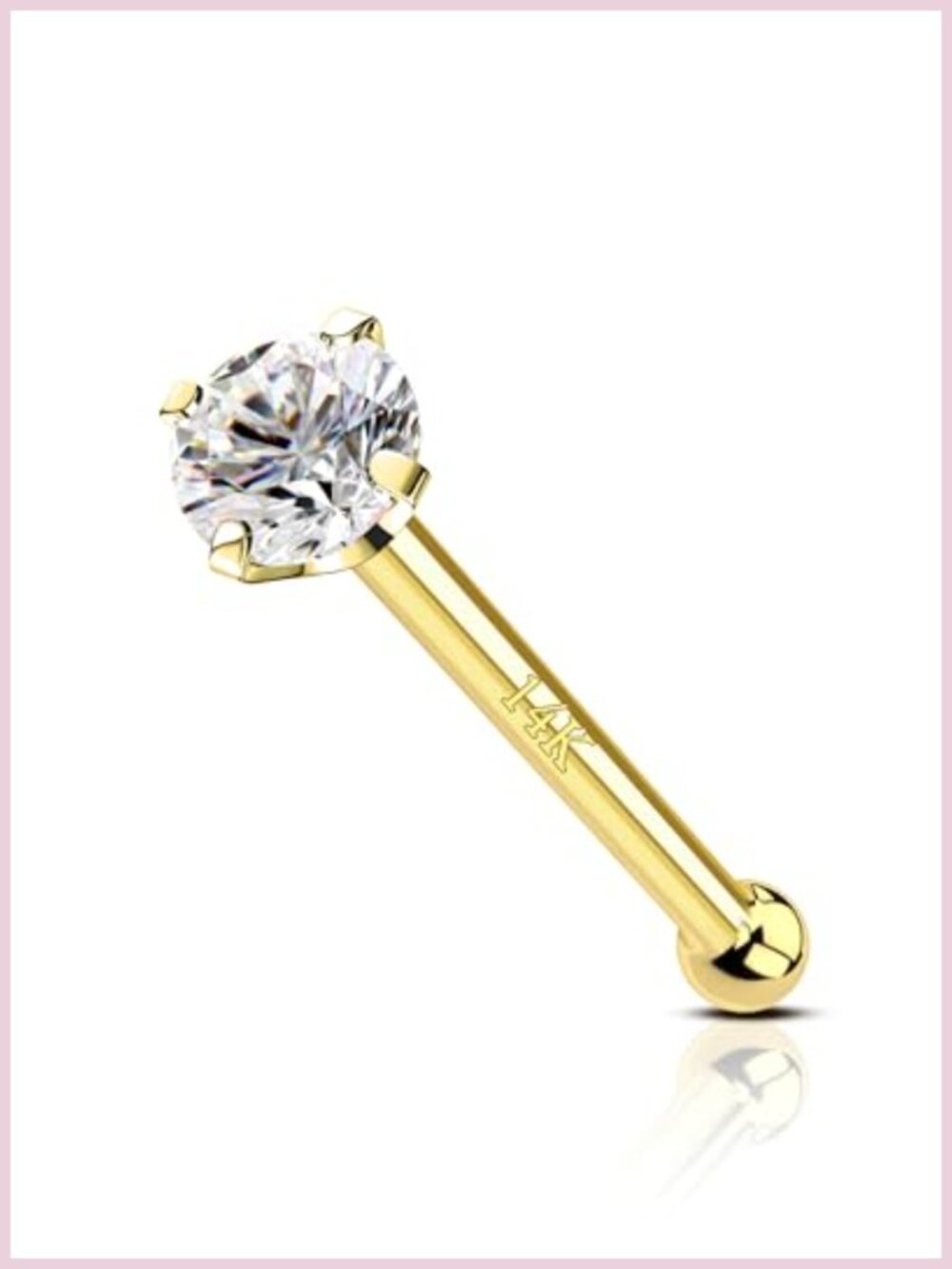 14K Solid Gold Bone Nose Stud 22g Press Fit 1.5mm CZ